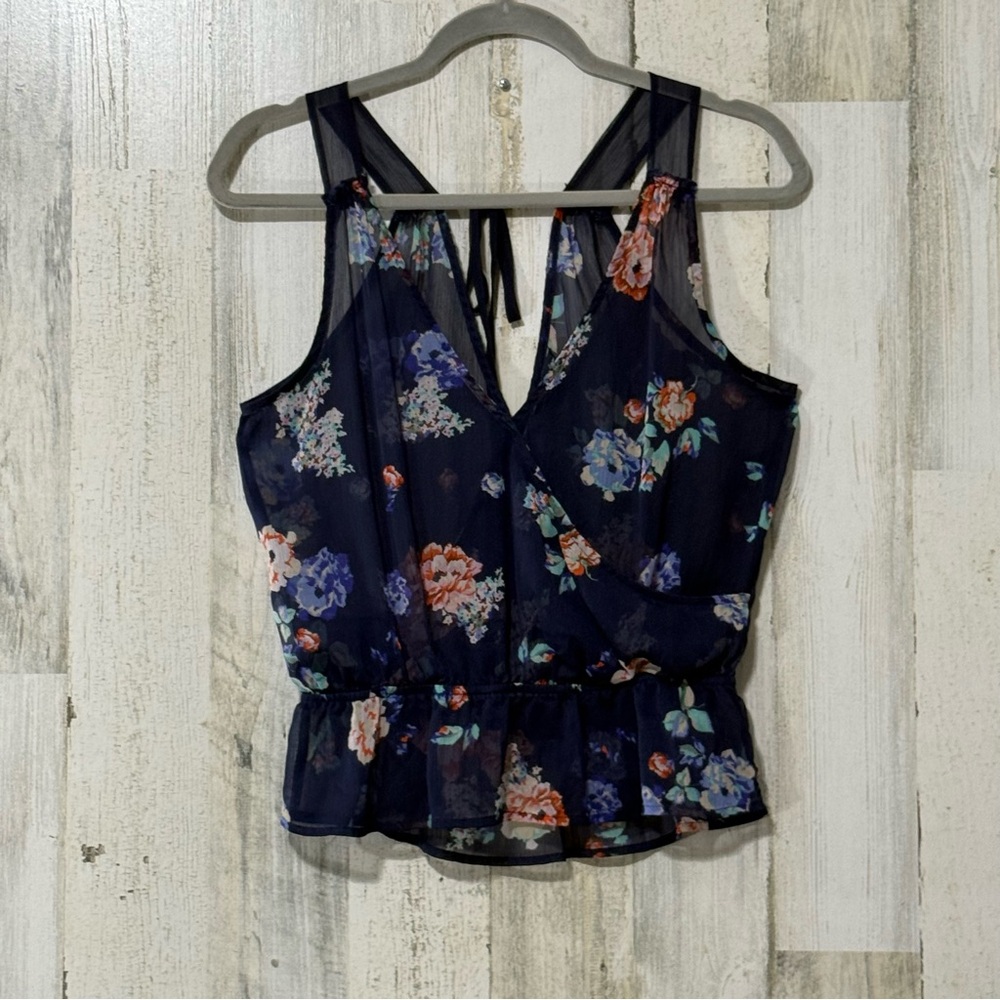 American Eagle Outfitters Sheer Blue Floral Sleeveless Blouse